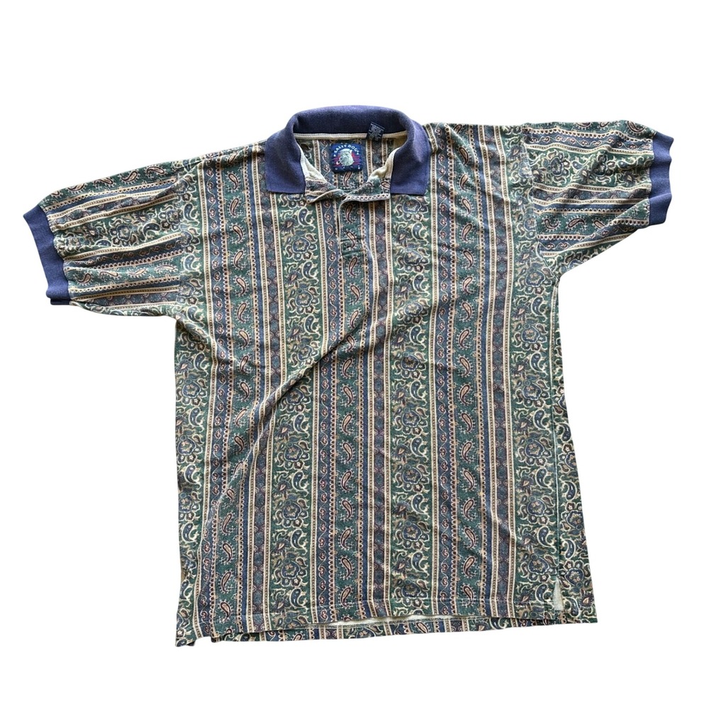 Vintage Salty Dog Gant Paisley Stripe Polo Shirt XL Blue Green Earthy 90s Cotton